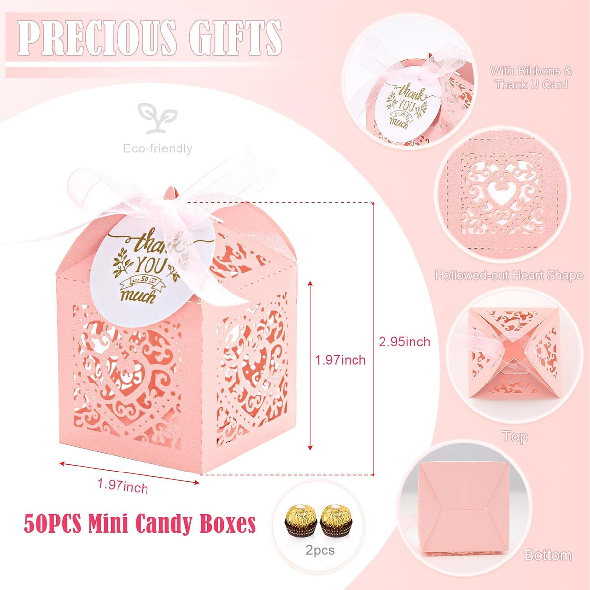 Pink Small Gift Boxes, 50pcs Laser Cut Candy Box Heart Shape
