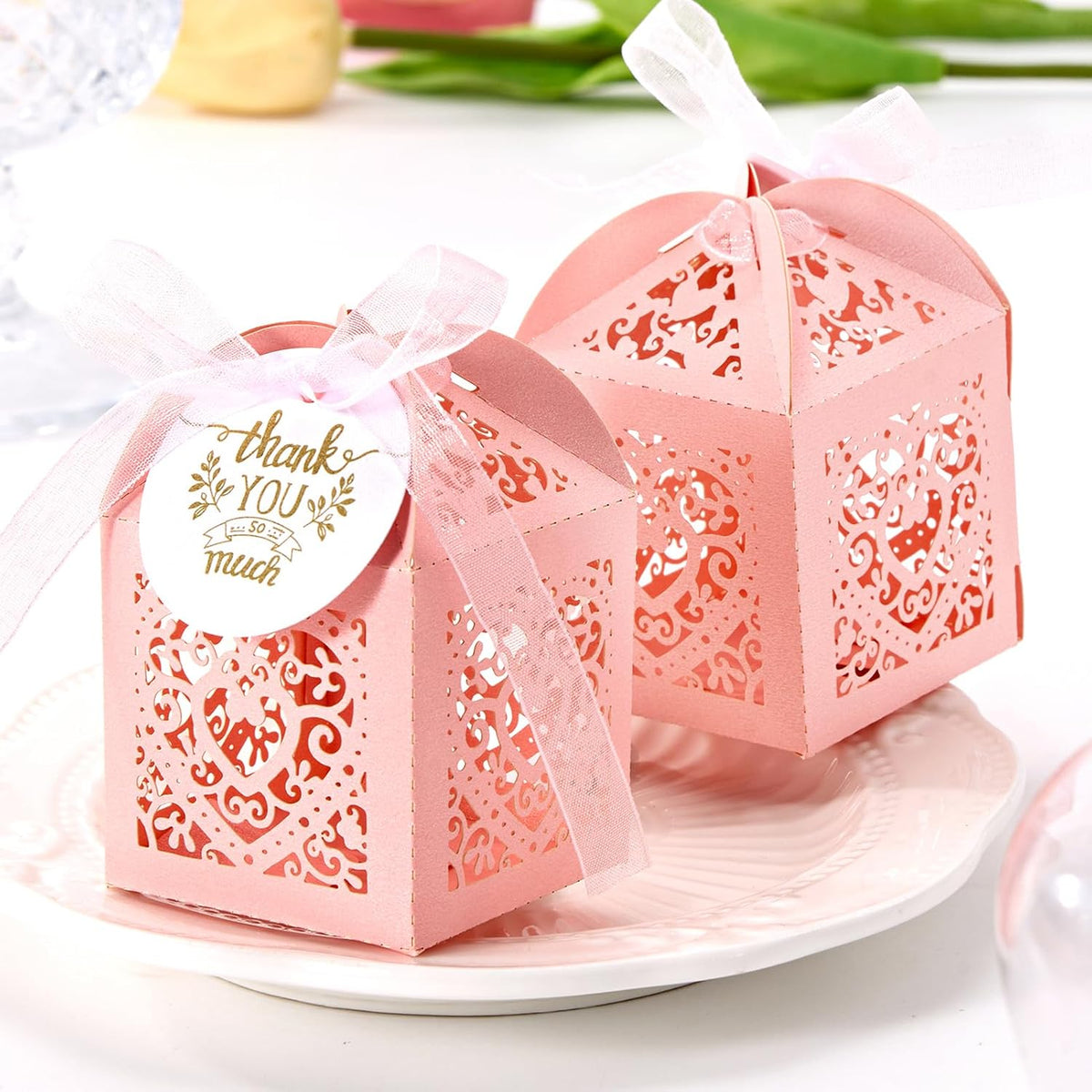 Pink Small Gift Boxes, 50pcs Laser Cut Candy Box Heart Shape