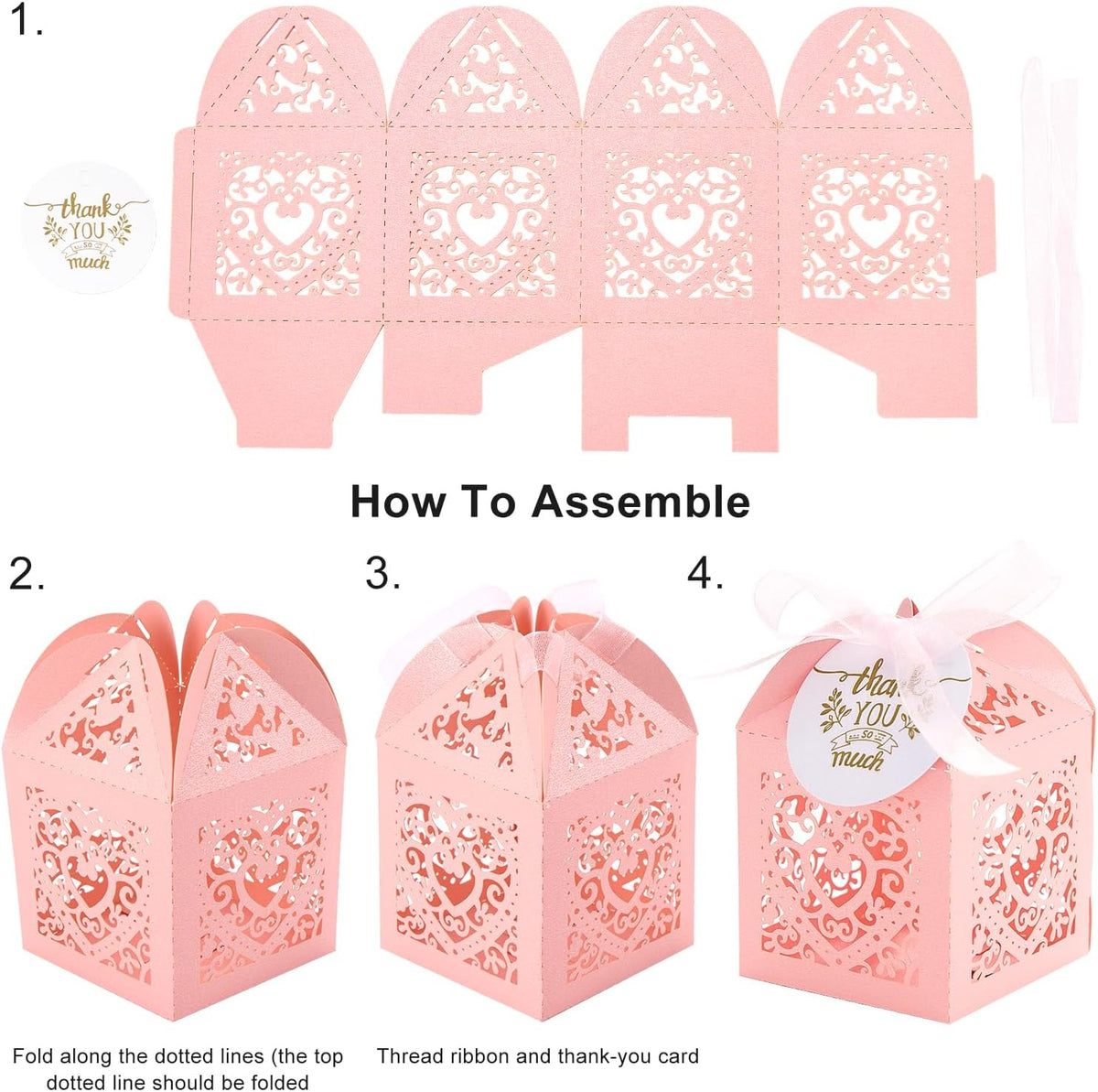 Pink Small Gift Boxes, 50pcs Laser Cut Candy Box Heart Shape