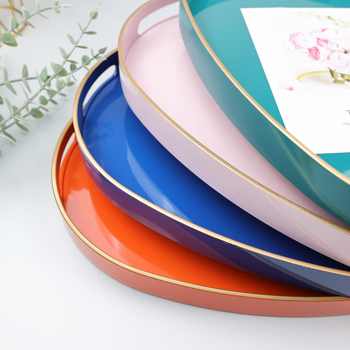 Pink Oval Decorative Tray with Handles, Versatile Serving Tray for Coffee Table, Ottoman, Ideal for Serving, Displaying, Organizing, 15.3"*10.6"*1.37"