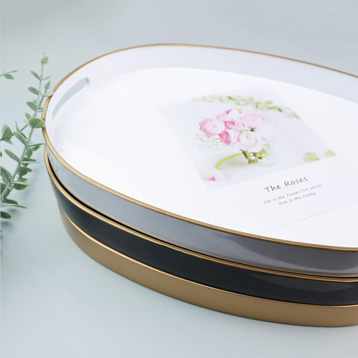 Pink Oval Decorative Tray with Handles, Versatile Serving Tray for Coffee Table, Ottoman, Ideal for Serving, Displaying, Organizing, 15.3"*10.6"*1.37"