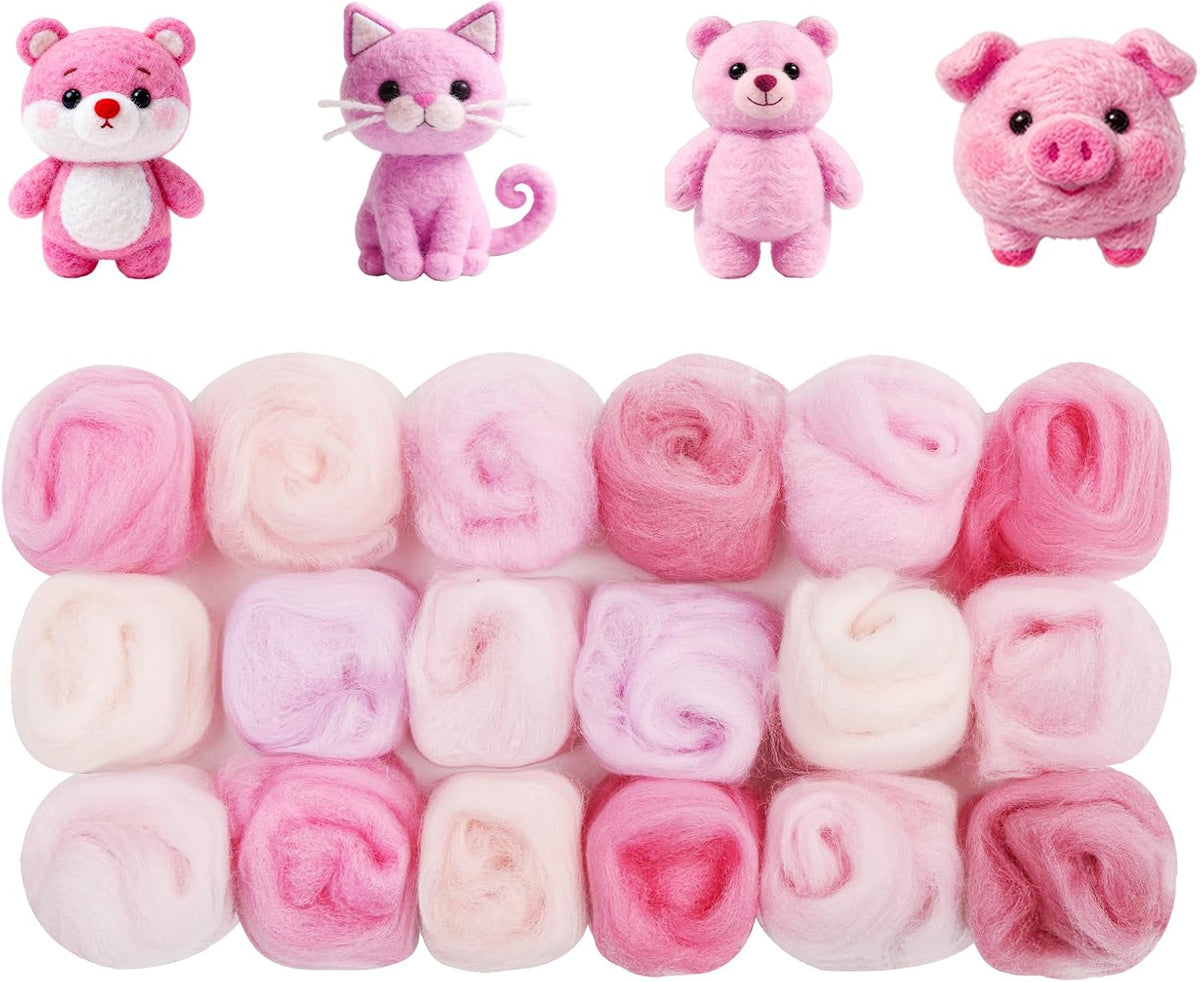 18 Pcs Needle Felting Wool, 9 Colors x 2 Packs Wool Roving, Pink