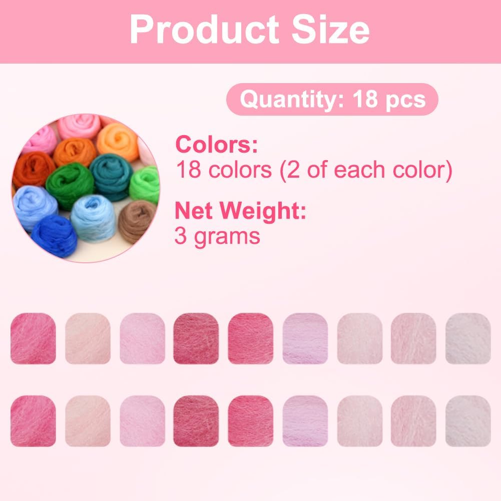 18 Pcs Needle Felting Wool, 9 Colors x 2 Packs Wool Roving, Pink