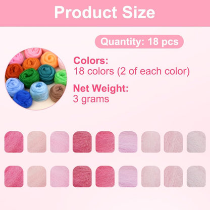 18 Pcs Needle Felting Wool, 9 Colors x 2 Packs Wool Roving, Pink