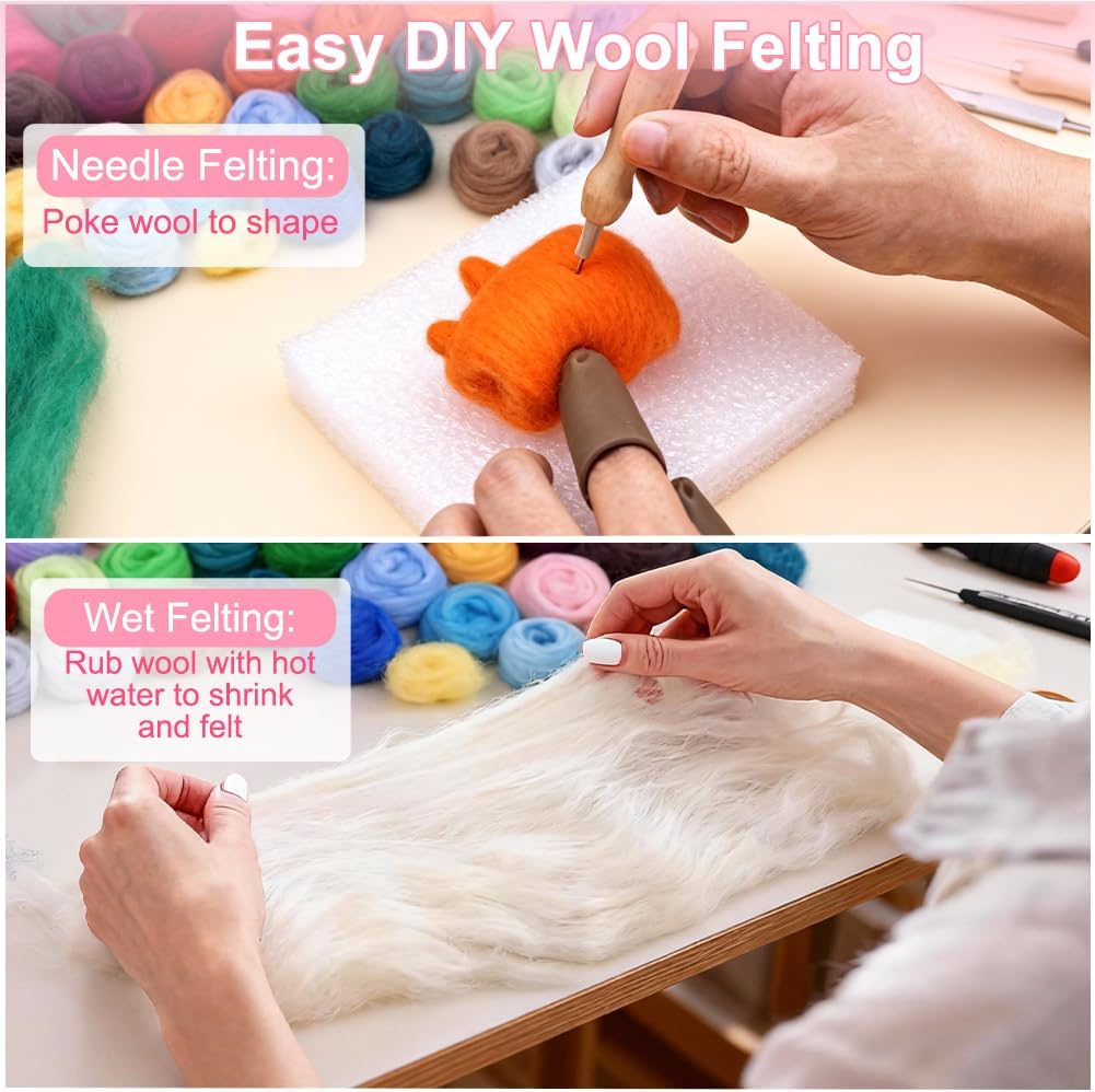 18 Pcs Needle Felting Wool, 9 Colors x 2 Packs Wool Roving, Pink