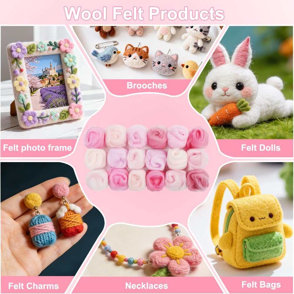 18 Pcs Needle Felting Wool, 9 Colors x 2 Packs Wool Roving, Pink