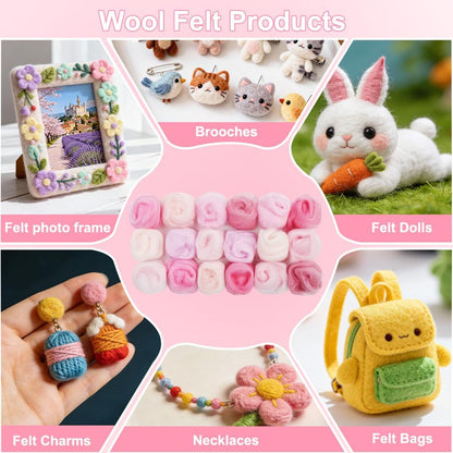 18 Pcs Needle Felting Wool, 9 Colors x 2 Packs Wool Roving, Pink