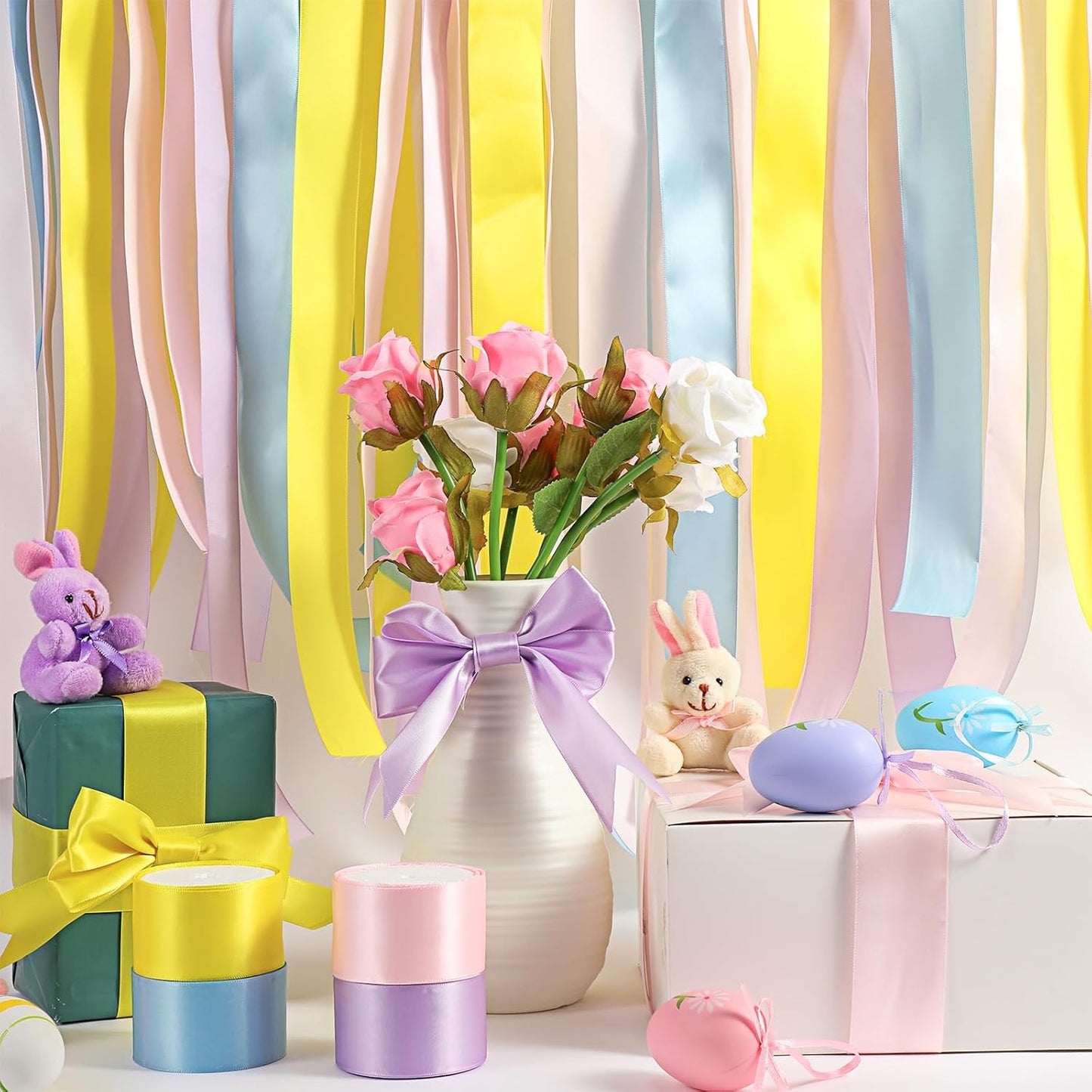 4 Rolls 40 Yards x 1.6 Inch Pastel Rainbow Satin Ribbon Bulk Fabric Ribbon Rolls for Gift Wrapping DIY Crafts Flower Bouquet Baby Shower Wedding Party Decor