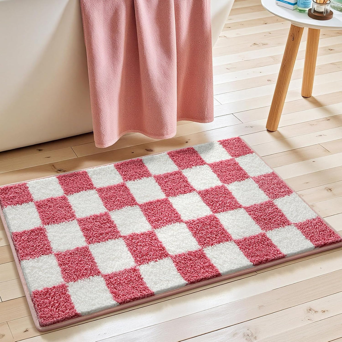 Checkered Bath Mat, Soft and Absorbent Microfiber Bathroom Rugs, Quick Dry Shaggy Bath Carpet, Suitable for Floor, Tub, Shower Pink 16" x 28"
