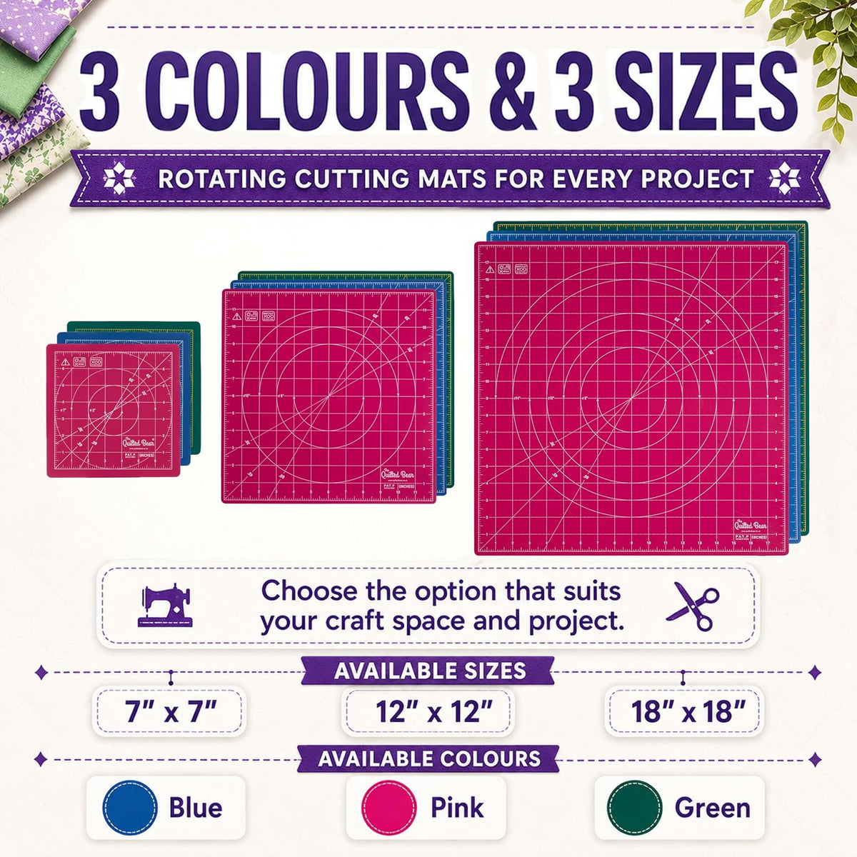 The Quilted Bear 12" x 12" Rotating Self-Healing Cutting Mat, Pink