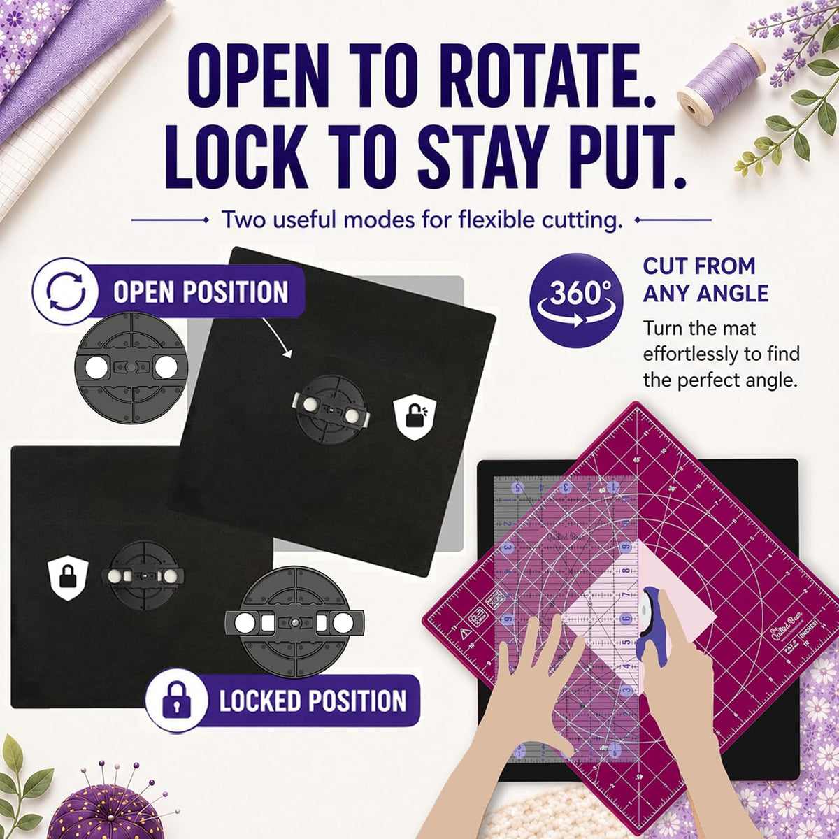 The Quilted Bear 12" x 12" Rotating Self-Healing Cutting Mat, Pink