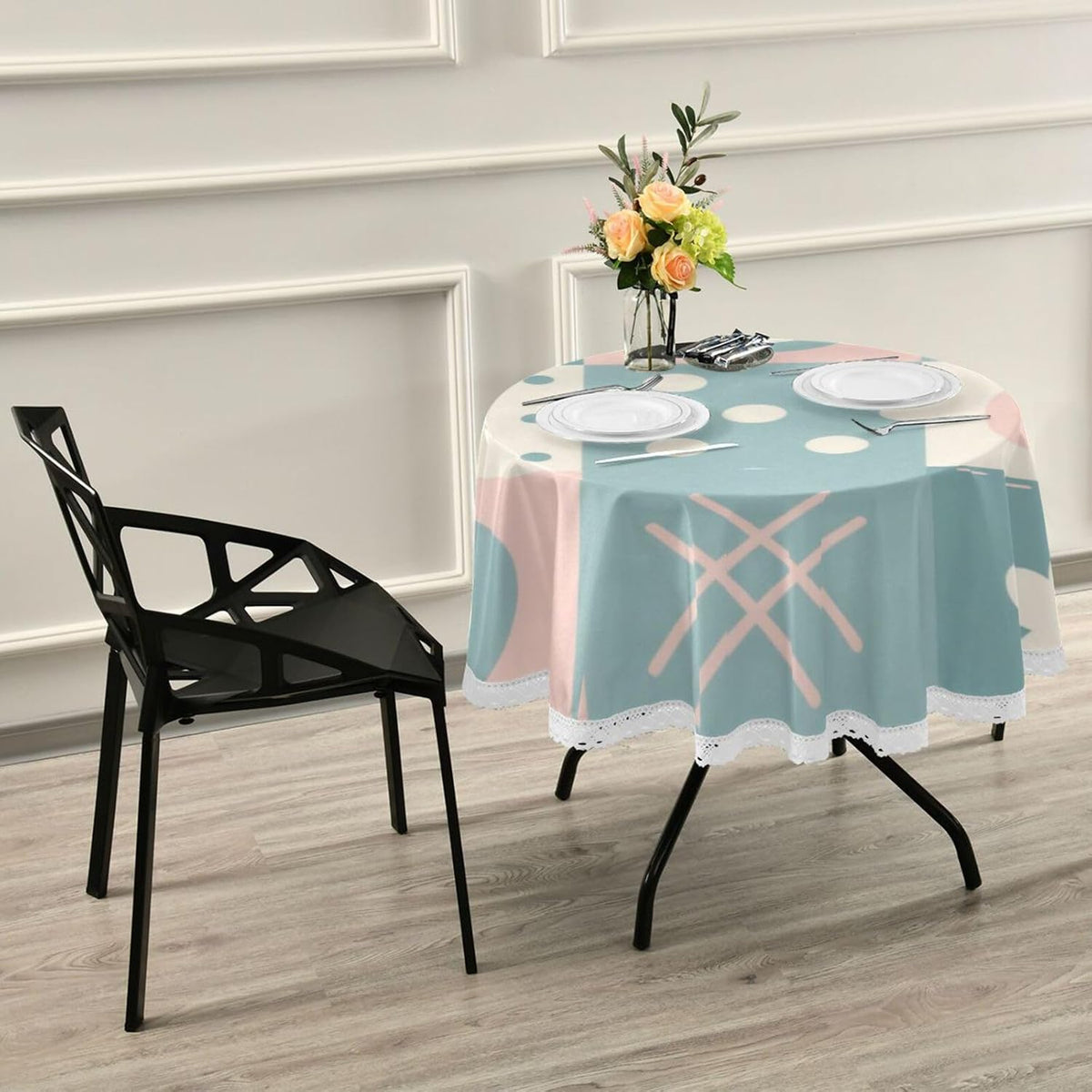 Patchwork Pattern Flowers Pastel Peach Round Fabric tablecloths 60 Inch Machine Washable White Lace Table mat for Restaurant Dinning
