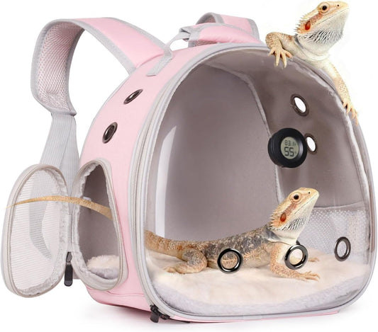 Bearded Dragon Travel Backpack Carrier with Reptile Thermometer and Humidity Gauge Lizard Travel Cage Space Capsule Clear Bubble Window Astronaut Reptile Bag for Ball Python (Pink, Backpack)