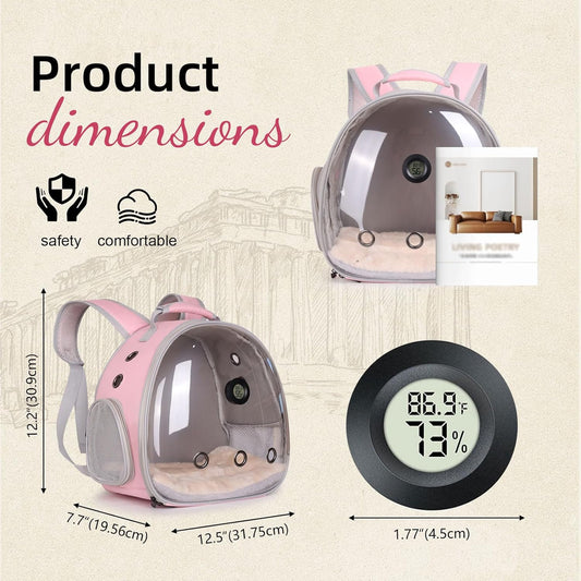 Bearded Dragon Travel Backpack Carrier with Reptile Thermometer and Humidity Gauge Lizard Travel Cage Space Capsule Clear Bubble Window Astronaut Reptile Bag for Ball Python (Pink, Backpack)