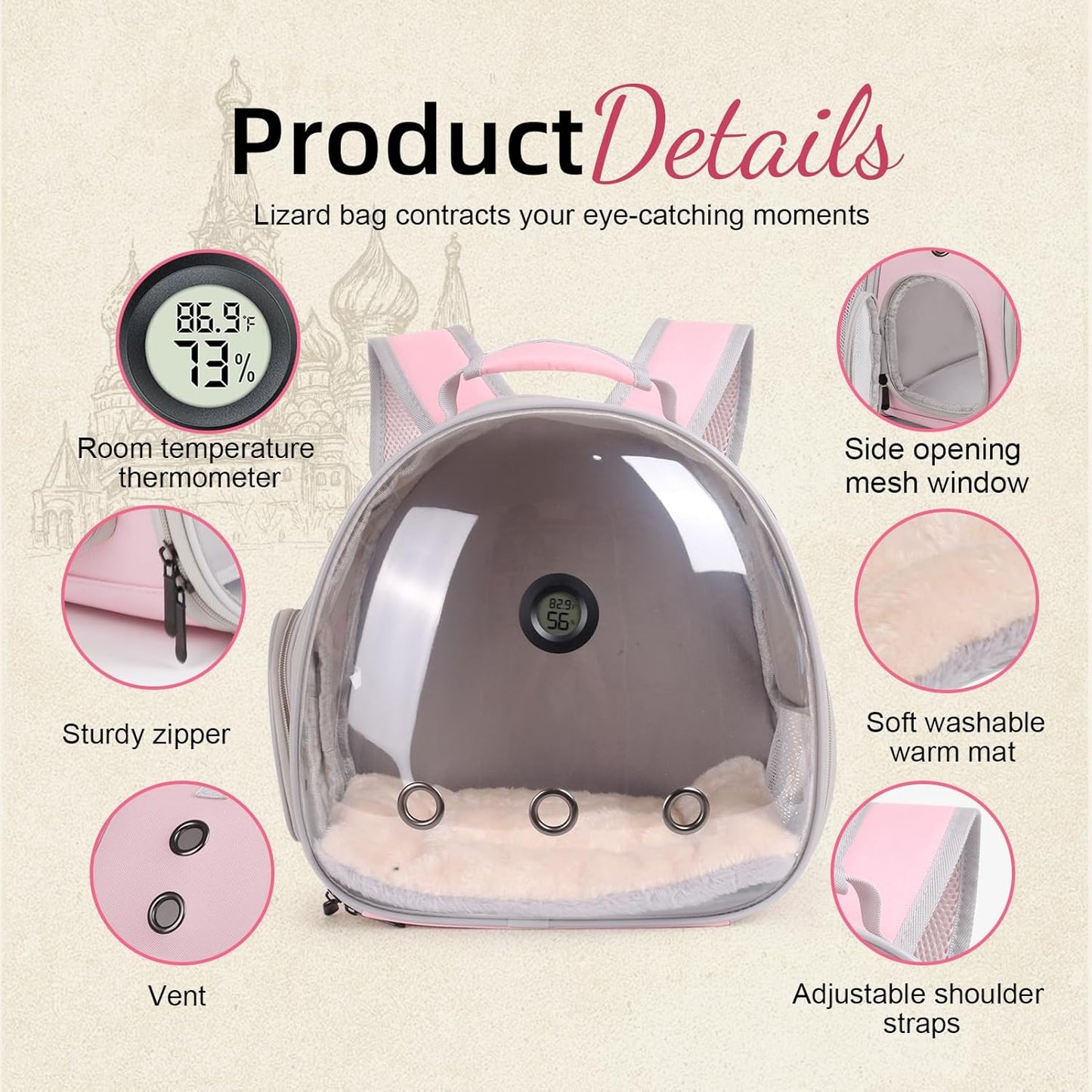 Bearded Dragon Travel Backpack Carrier with Reptile Thermometer and Humidity Gauge Lizard Travel Cage Space Capsule Clear Bubble Window Astronaut Reptile Bag for Ball Python (Pink, Backpack)