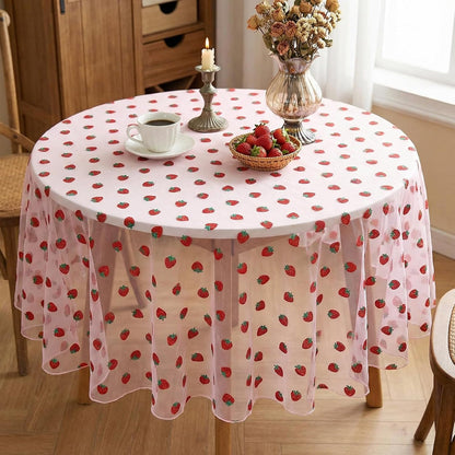 Pink Strawberry Embroidery Table Runner 55 Inch Round Floral Embroidered Lace Tulle Runner Holiday Kitchen Dining Table Cover for Bridal Shower Birthday Wedding Restaurant