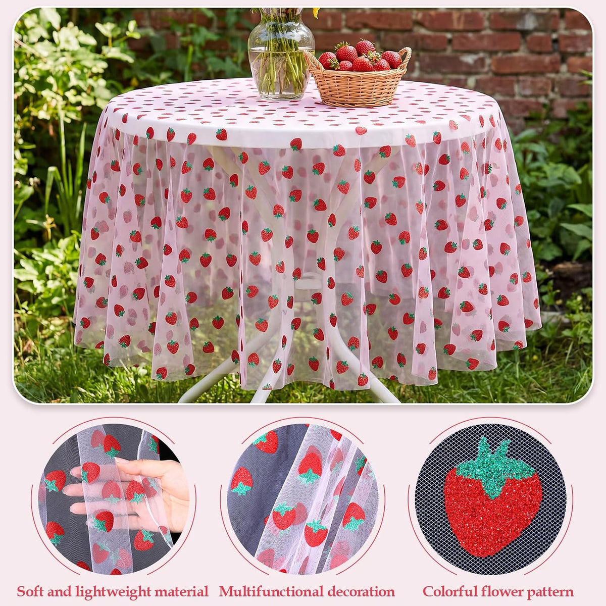Pink Strawberry Embroidery Table Runner 55 Inch Round Floral Embroidered Lace Tulle Runner Holiday Kitchen Dining Table Cover for Bridal Shower Birthday Wedding Restaurant