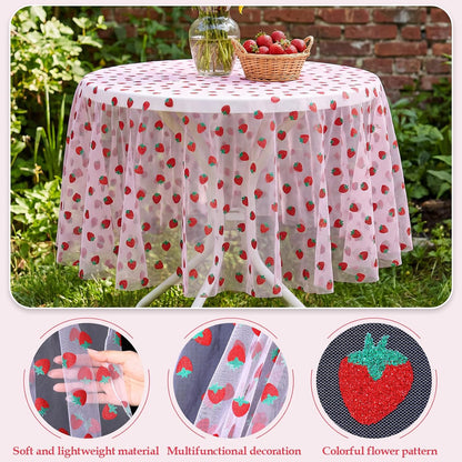 Pink Strawberry Embroidery Table Runner 55 Inch Round Floral Embroidered Lace Tulle Runner Holiday Kitchen Dining Table Cover for Bridal Shower Birthday Wedding Restaurant