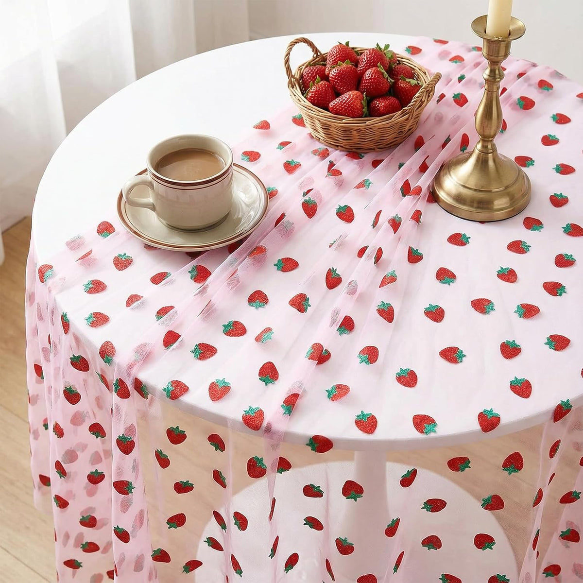 Pink Strawberry Embroidery Table Runner 55 Inch Round Floral Embroidered Lace Tulle Runner Holiday Kitchen Dining Table Cover for Bridal Shower Birthday Wedding Restaurant