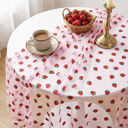 Pink Strawberry Embroidery Table Runner 55 Inch Round Floral Embroidered Lace Tulle Runner Holiday Kitchen Dining Table Cover for Bridal Shower Birthday Wedding Restaurant