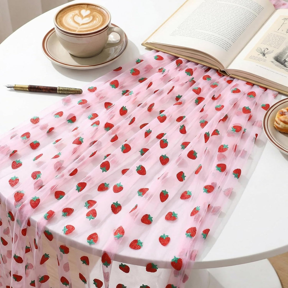 Pink Strawberry Embroidery Table Runner 55 Inch Round Floral Embroidered Lace Tulle Runner Holiday Kitchen Dining Table Cover for Bridal Shower Birthday Wedding Restaurant