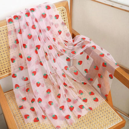 Pink Strawberry Embroidery Table Runner 55 Inch Round Floral Embroidered Lace Tulle Runner Holiday Kitchen Dining Table Cover for Bridal Shower Birthday Wedding Restaurant