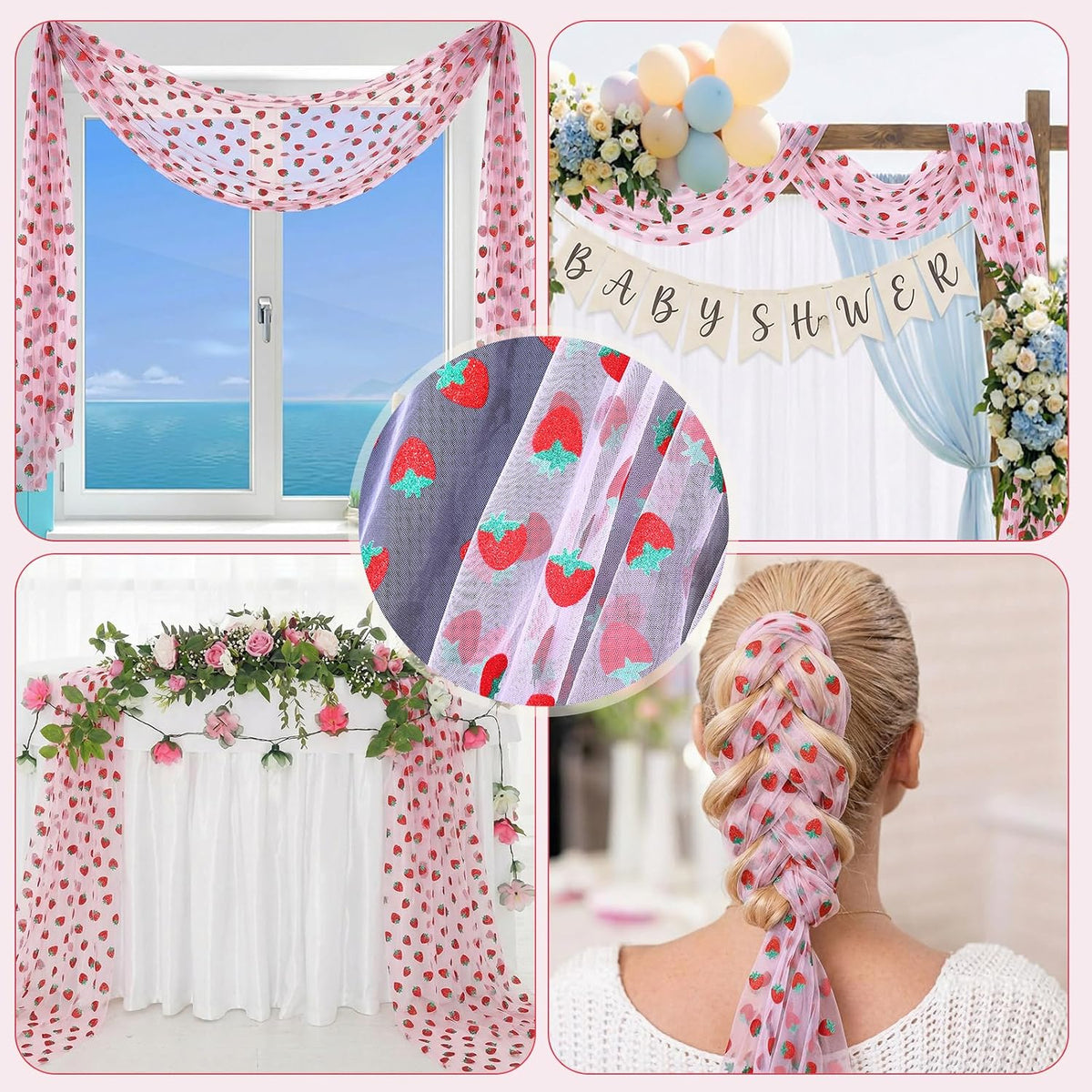 Pink Strawberry Embroidery Table Runner 55 Inch Round Floral Embroidered Lace Tulle Runner Holiday Kitchen Dining Table Cover for Bridal Shower Birthday Wedding Restaurant