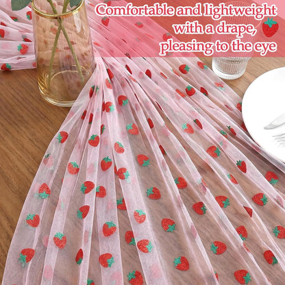 Pink Strawberry Embroidery Table Runner 55 Inch Round Floral Embroidered Lace Tulle Runner Holiday Kitchen Dining Table Cover for Bridal Shower Birthday Wedding Restaurant