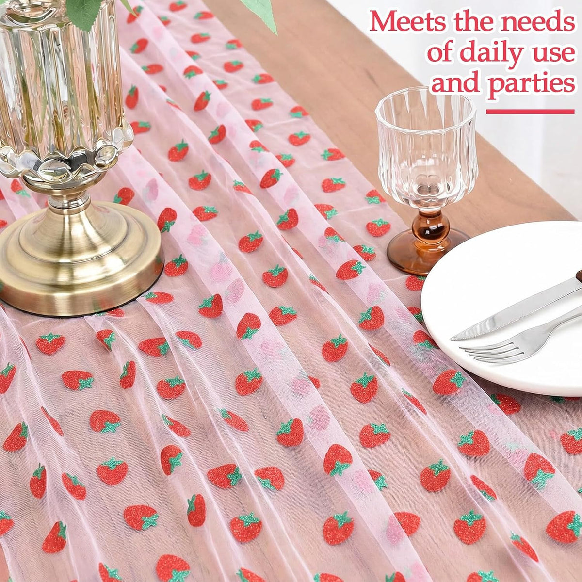 Pink Strawberry Embroidery Table Runner 55 Inch Round Floral Embroidered Lace Tulle Runner Holiday Kitchen Dining Table Cover for Bridal Shower Birthday Wedding Restaurant