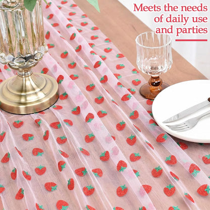 Pink Strawberry Embroidery Table Runner 55 Inch Round Floral Embroidered Lace Tulle Runner Holiday Kitchen Dining Table Cover for Bridal Shower Birthday Wedding Restaurant