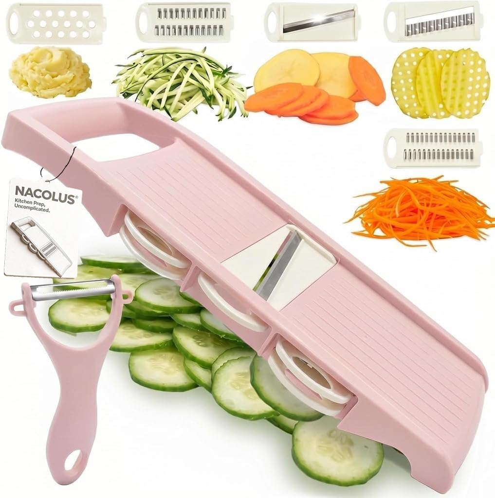 Mandoline Slicer for Kitchen Slicer Vegetable Cutter 5 In 1 Veggie Slicer Potato Slicer waffle fry cutter Hot Swap Mandolin with Peeler for Vegetables Carrot Shredder Cucumber Slicer - Pink