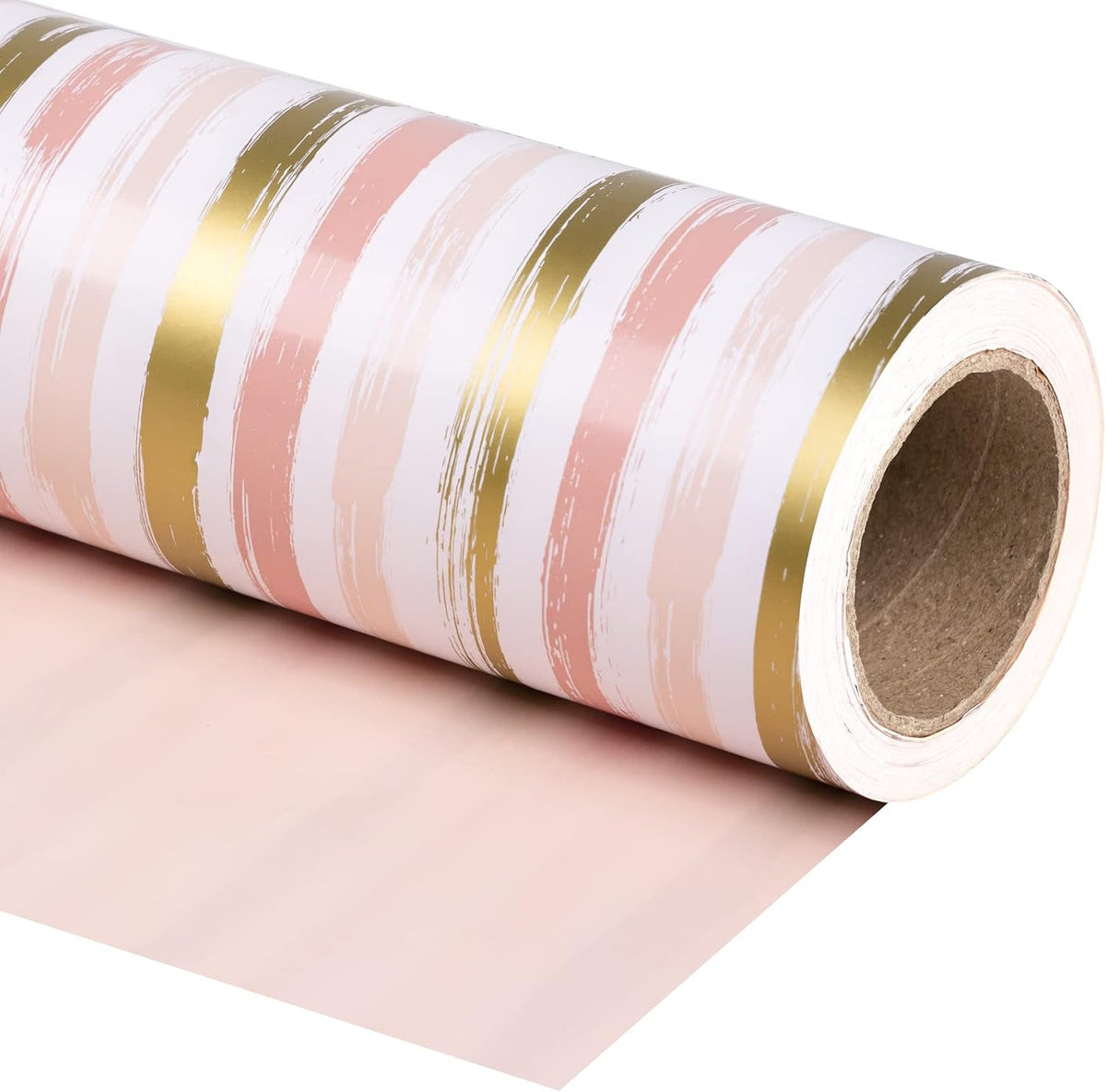 Reversible Pink Wrapping Paper - Mini Roll - 17 Inch X 33 Feet - Pink Gold Lines and Solid Pink Design for Girls Birthday, Baby Shower, Wedding, Bridal Shower