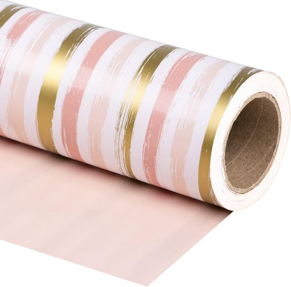Reversible Pink Wrapping Paper - Mini Roll - 17 Inch X 33 Feet - Pink Gold Lines and Solid Pink Design for Girls Birthday, Baby Shower, Wedding, Bridal Shower