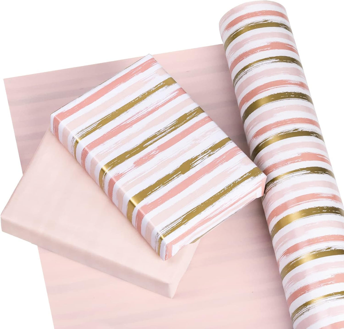Reversible Pink Wrapping Paper - Mini Roll - 17 Inch X 33 Feet - Pink Gold Lines and Solid Pink Design for Girls Birthday, Baby Shower, Wedding, Bridal Shower