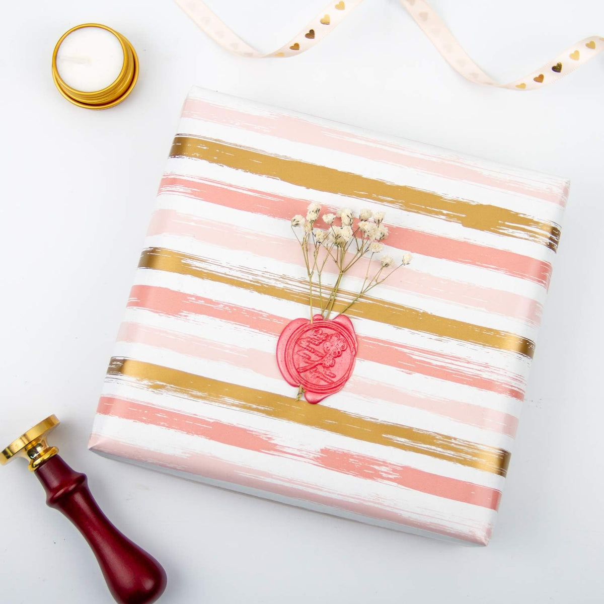 Reversible Pink Wrapping Paper - Mini Roll - 17 Inch X 33 Feet - Pink Gold Lines and Solid Pink Design for Girls Birthday, Baby Shower, Wedding, Bridal Shower