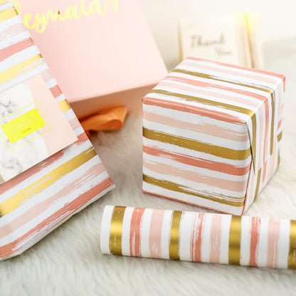 Reversible Pink Wrapping Paper - Mini Roll - 17 Inch X 33 Feet - Pink Gold Lines and Solid Pink Design for Girls Birthday, Baby Shower, Wedding, Bridal Shower
