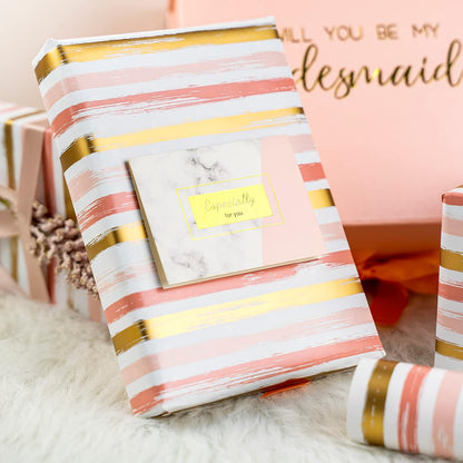 Reversible Pink Wrapping Paper - Mini Roll - 17 Inch X 33 Feet - Pink Gold Lines and Solid Pink Design for Girls Birthday, Baby Shower, Wedding, Bridal Shower