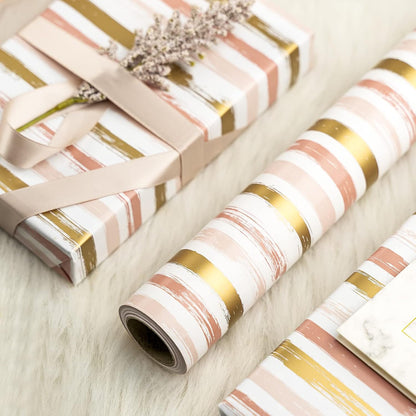 Reversible Pink Wrapping Paper - Mini Roll - 17 Inch X 33 Feet - Pink Gold Lines and Solid Pink Design for Girls Birthday, Baby Shower, Wedding, Bridal Shower