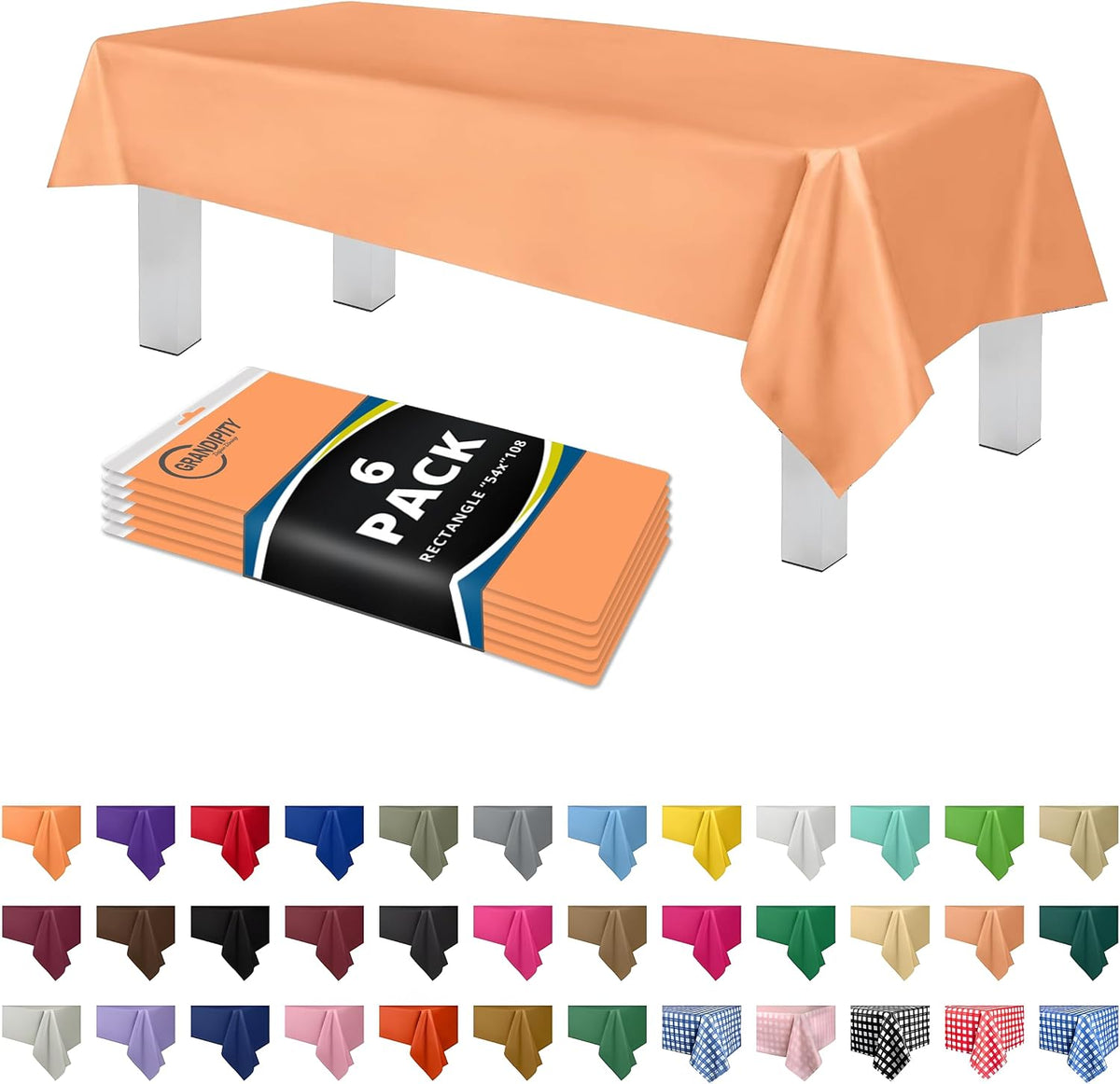 Plastic Table Cloth Disposable 6 Pack 54 x 108 Inch Rectangle Table Cloths