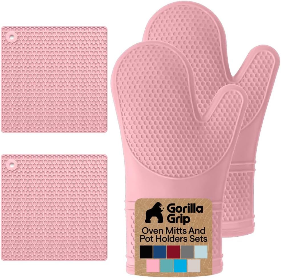 BPA-Free Silicone Oven Mitts and Pot Holders Set, Pink