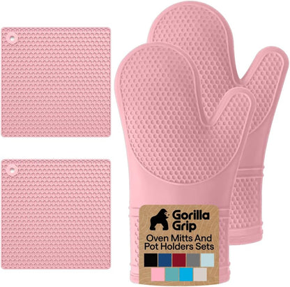 BPA-Free Silicone Oven Mitts and Pot Holders Set, Pink