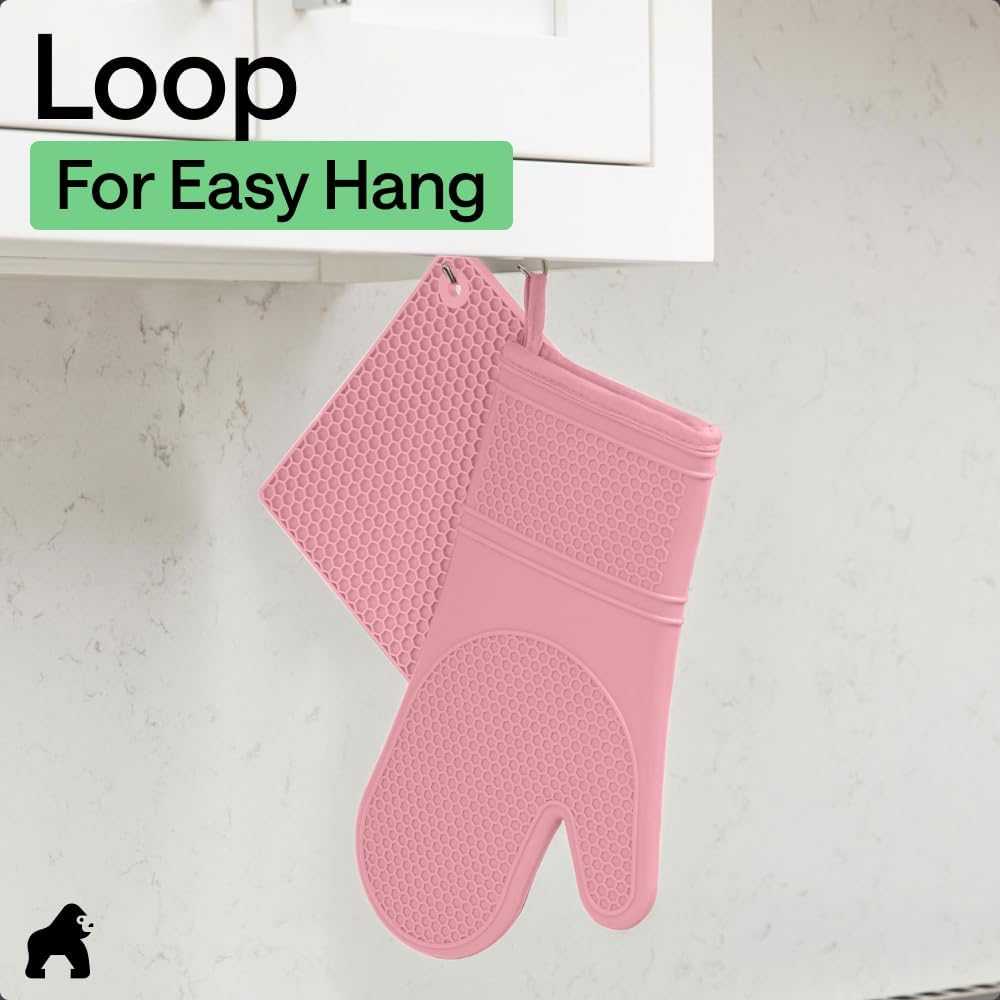 BPA-Free Silicone Oven Mitts and Pot Holders Set, Pink