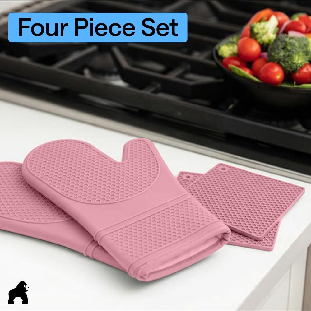 BPA-Free Silicone Oven Mitts and Pot Holders Set, Pink