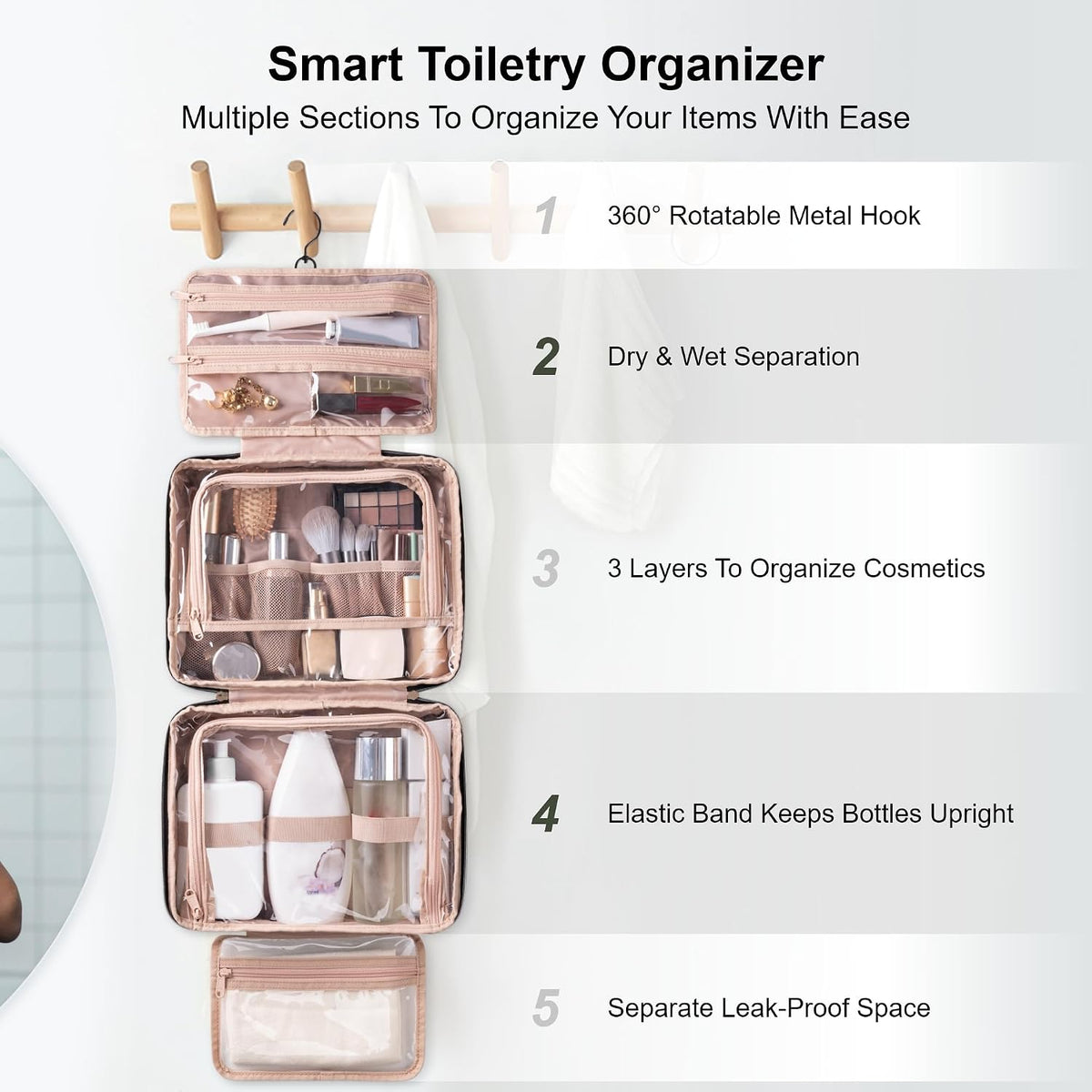 Travel Toiletry Bag with Hanging Hook and Leakproof Wet/Dry Compartments, Large Capacity Makeup Cosmetic Organizer for Women, 12x9x4.5 Inch, Pink