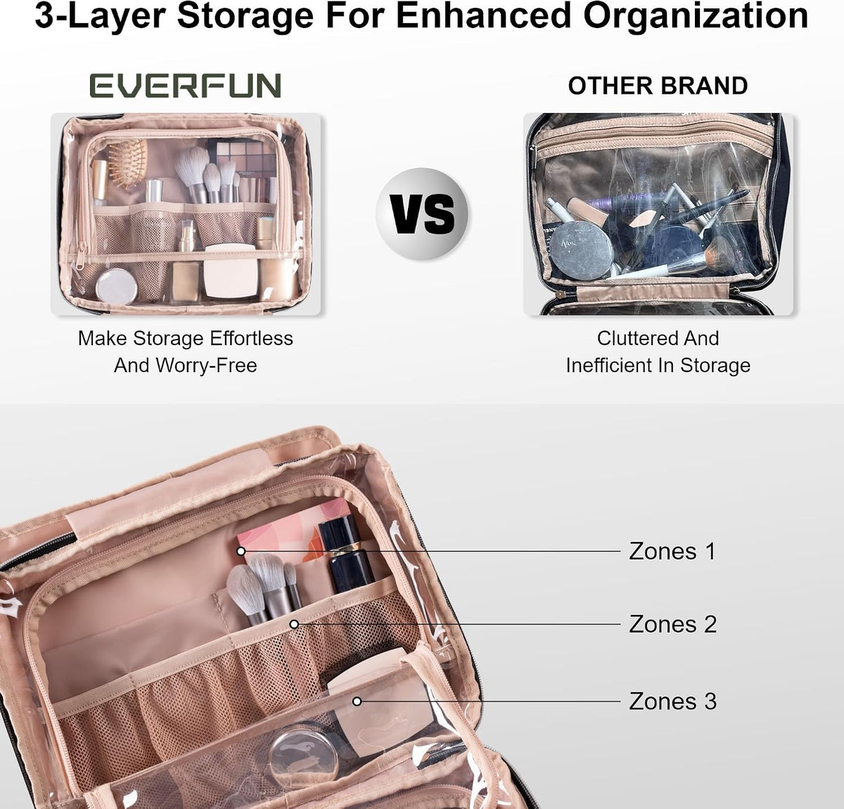 Travel Toiletry Bag with Hanging Hook and Leakproof Wet/Dry Compartments, Large Capacity Makeup Cosmetic Organizer for Women, 12x9x4.5 Inch, Pink