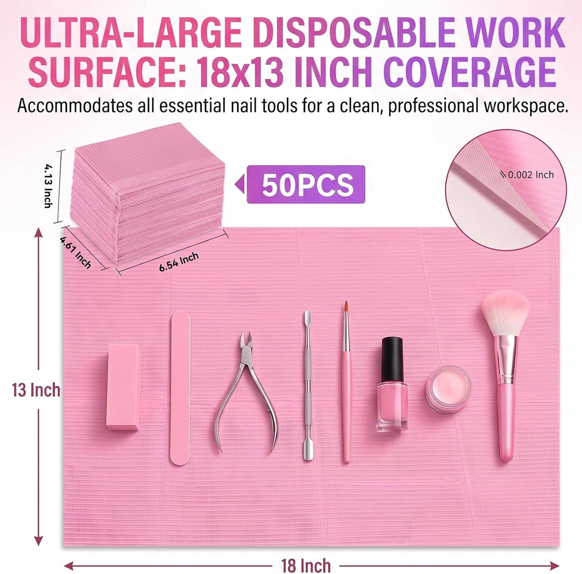 50 Pcs Pink Disposable Nail Mats, 18"x13" Waterproof