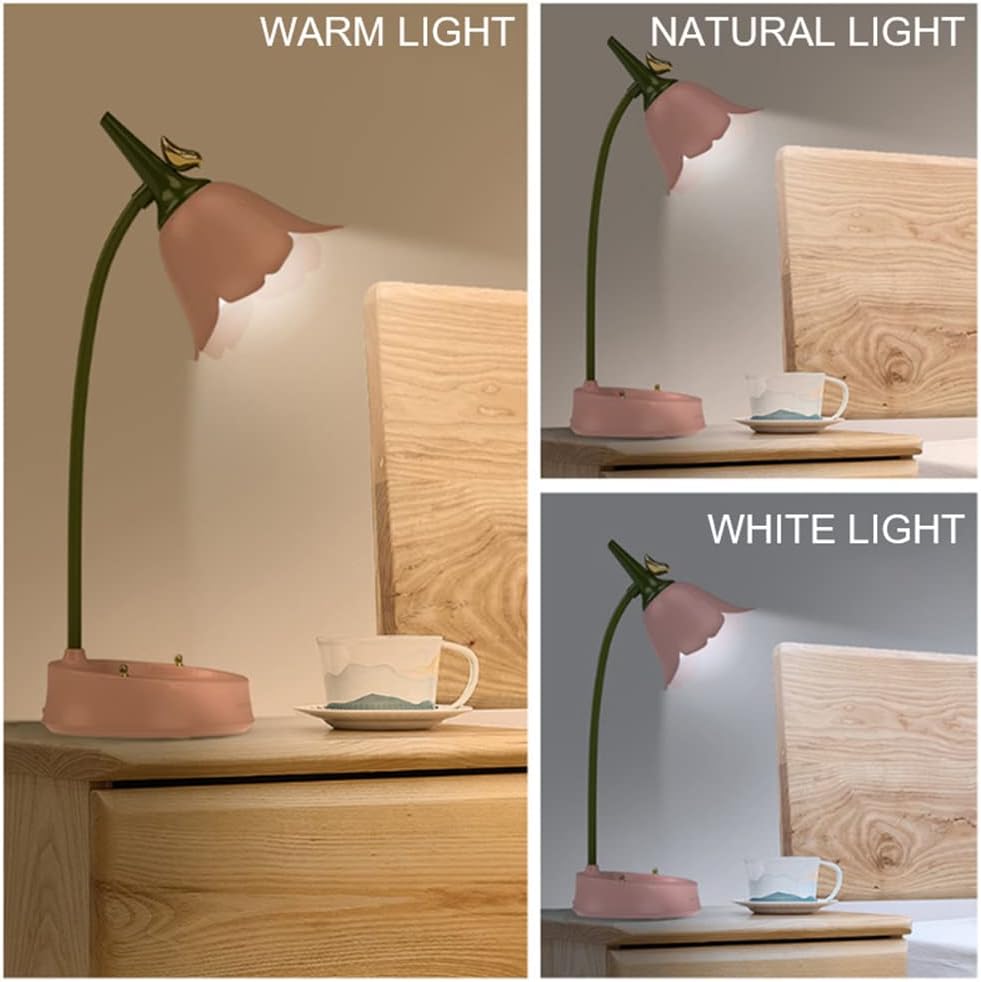 Flower LED Desk Lamp Cordless Table Light Adjustable Gooseneck Dimmable Touch Rechargeable Battery Student Bedroom Room Lighting Table Light House Decor (Pink)