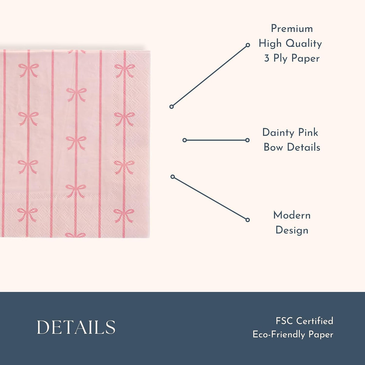 Light Pink Signature Bow Large Napkins, Pack of 20, 6.5"