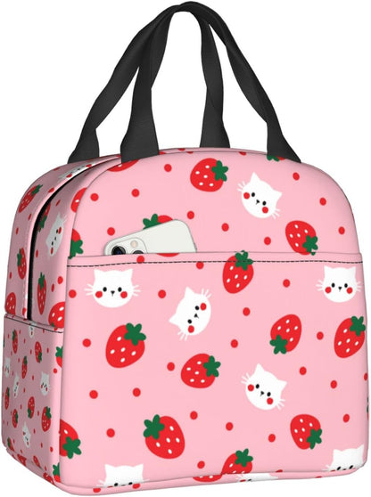 Strawberry Insulated Lunch Bags with Pocket Reusable Freezable Lunch Box Pink