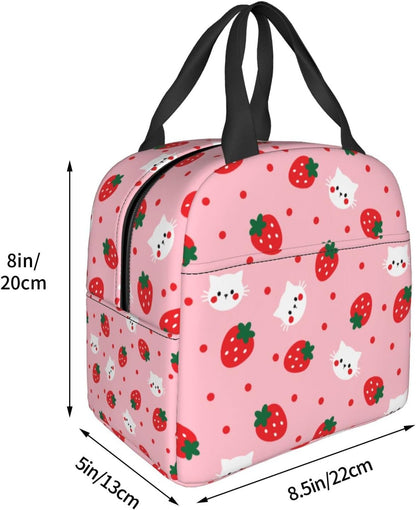 Strawberry Insulated Lunch Bags with Pocket Reusable Freezable Lunch Box Pink